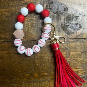 Red and White Baseball Beaded Keychain with Tassel